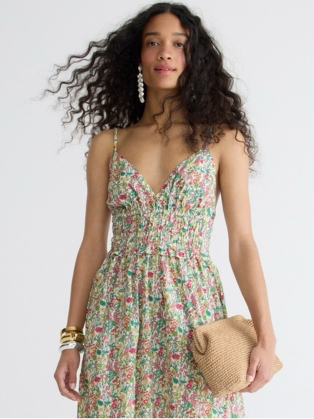 J. Crew Floral Smocked Midi Dress - Pink & Green - Picture 2 of 6